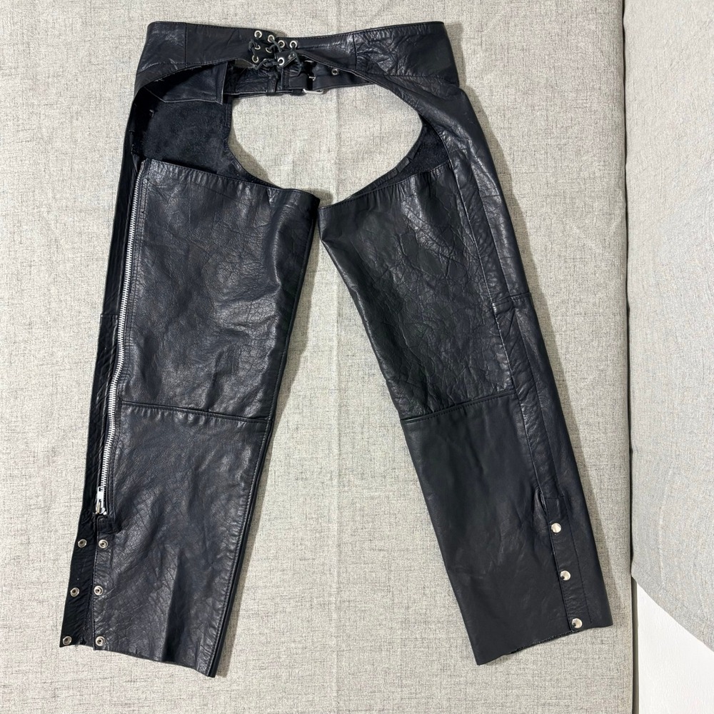 Hot Leathers Men Black Leather Motorcycle Chaps XL Biker Riding Gear Belted Snap - Picture 5 of 8